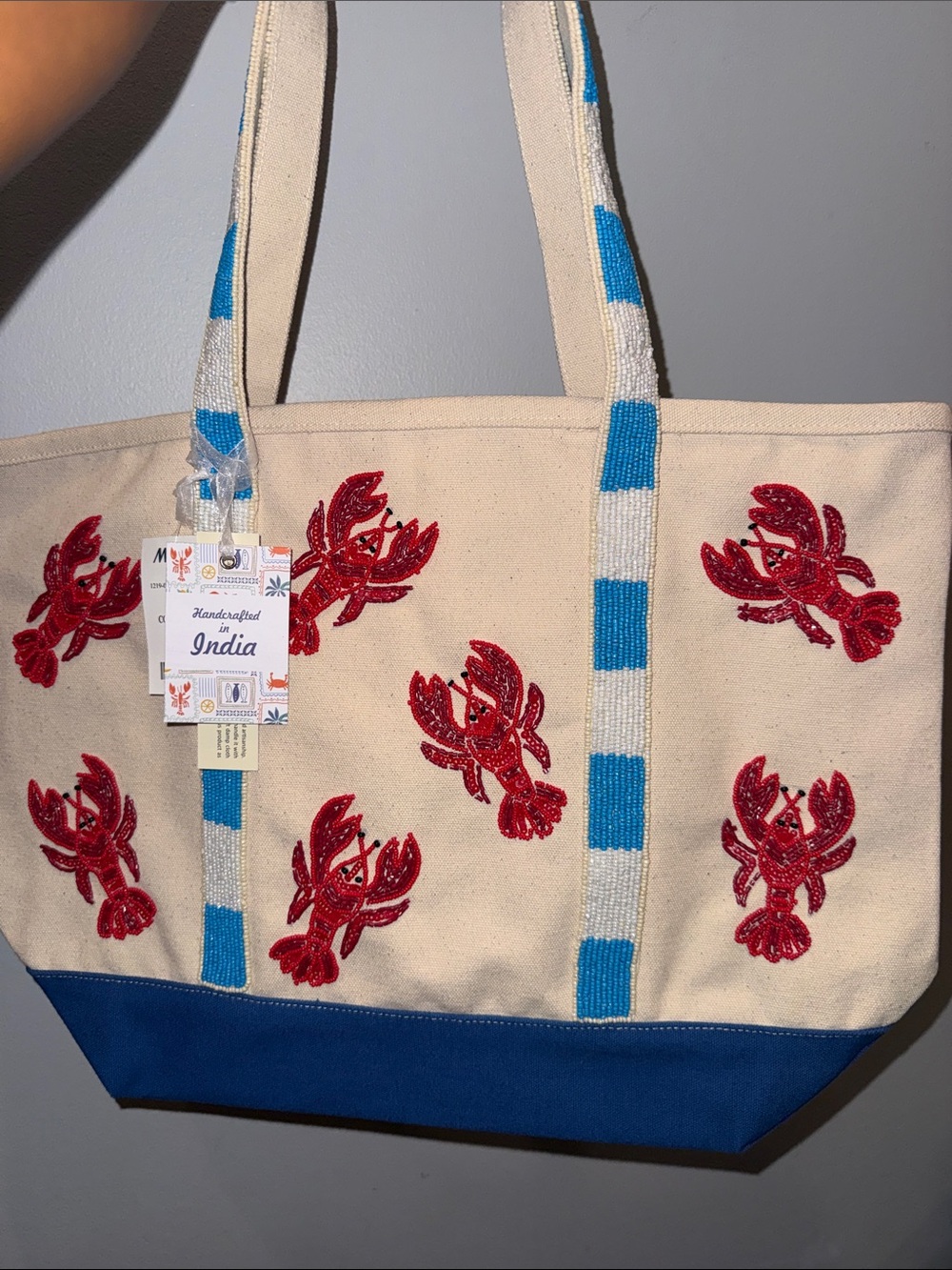 Handcrafted in India Canvas Tote Bag with Red Embroidered Lobsters